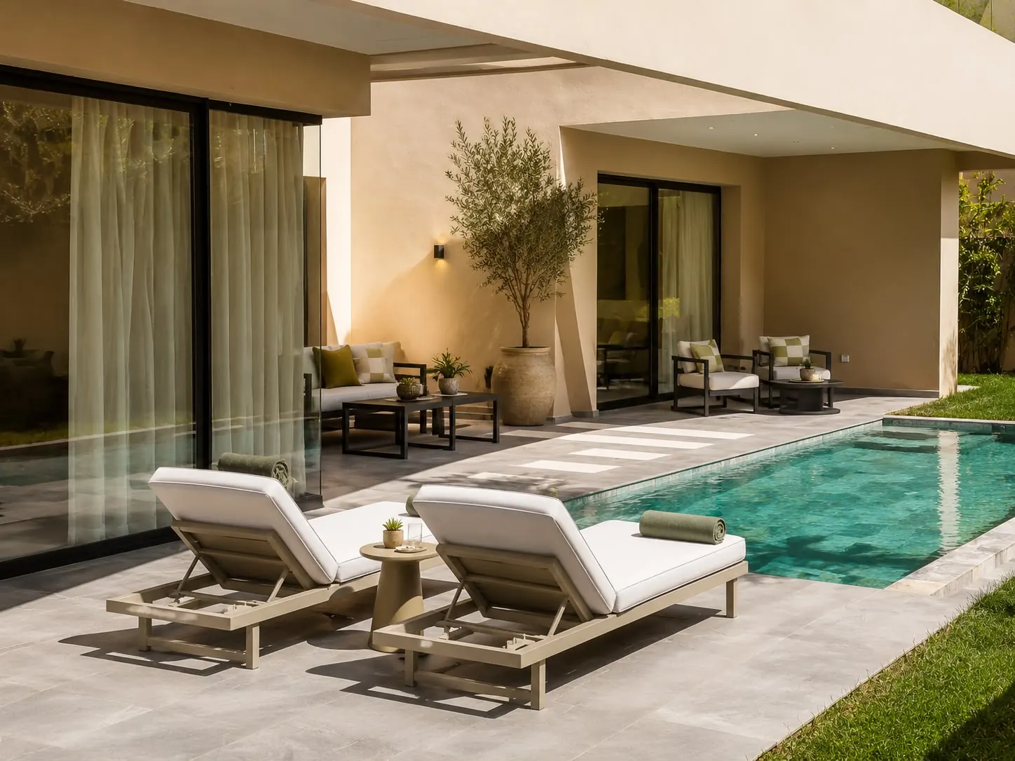 Terrasse et piscine d'une villa contemporaine à Marrakech