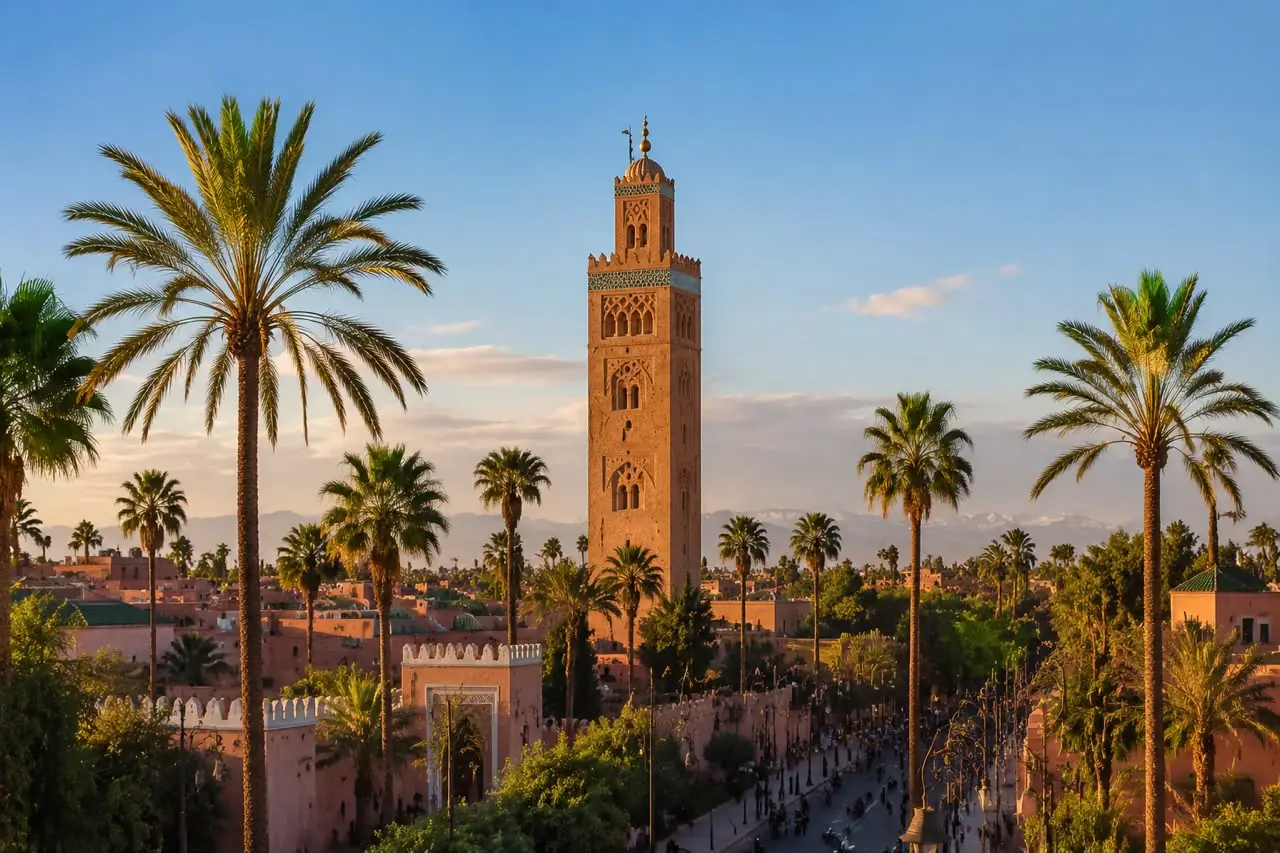 Marrakech, la Koutoubia et les palmiers au coucher du soleil